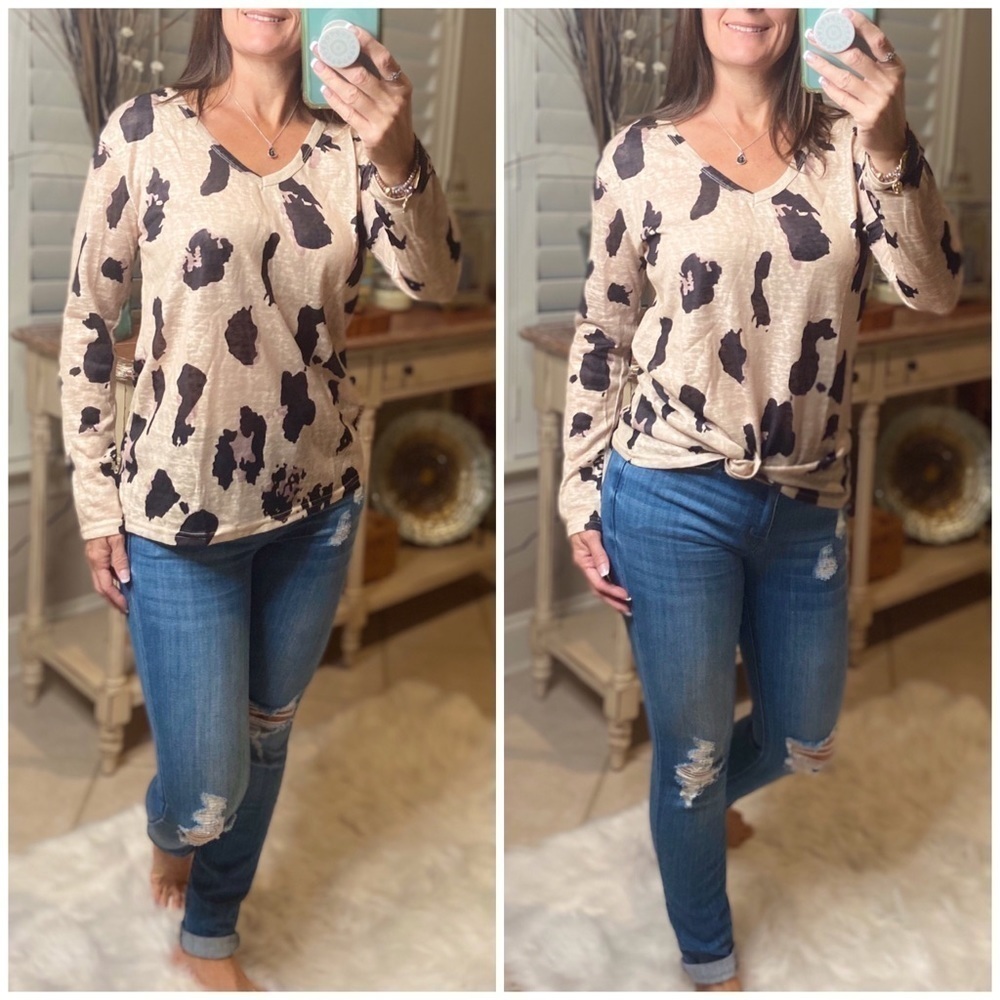Leopard Print Knit V-Neck Long Sleeve Taupe 3920 - Picture 2 of 9
